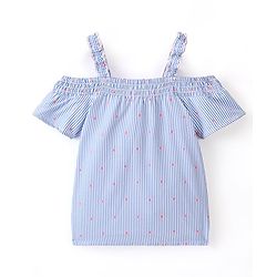 Babyhug Cotton Woven Yarn Dyed Dobby Off Shoulder Sleeve Striped Singlet Top - Blue