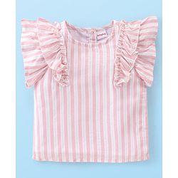 Babyhug Cotton Woven Lurex Sleeveless Striped Top with Frill Detailing - Peach & White