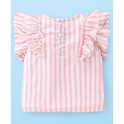 Babyhug Cotton Woven Lurex Sleeveless Striped Top with Frill Detailing - Peach & White