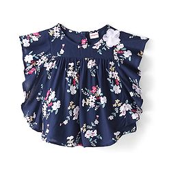 Babyhug Rayon Half Sleeves Flutter Woven Top with Floral Corsage Detailing & Print - Navy Blue
