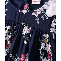 Babyhug Rayon Half Sleeves Flutter Woven Top with Floral Corsage Detailing & Print - Navy Blue
