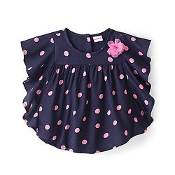 Babyhug Rayon Half Sleeves Woven Top with Floral Corsage Detailing & Dots Print - Navy Blue