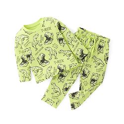 Babyhug Cotton Knit Full Sleeves Dino Printed Night Suit - Green
