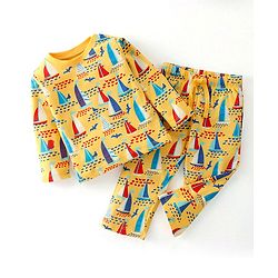 Babyhug Cotton Interlock Knit Full Sleeves Night Suit With Boat Print - Yellow