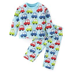 Babyhug Cotton Single Jersey Knit Full Sleeves Night Suit Car Print - Blue