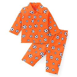 Babyhug Cotton Knit Full Sleeves Footballs Print Night Suit - Orange