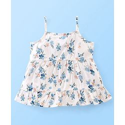 Babyhug Rayon Woven Sleeveless Top with Corsage Detailing &  Floral Print - White & Blue