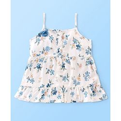 Babyhug Rayon Woven Sleeveless Top with Corsage Detailing &  Floral Print - White & Blue
