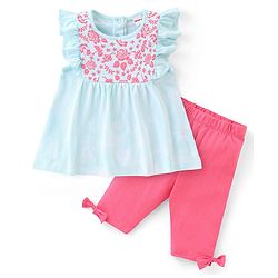 Babyhug Half Sleeves 100% Cotton Top and Capri With Floral Embellished - Blue & Pink