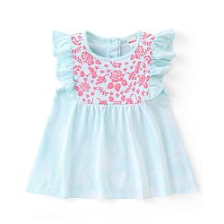 Babyhug Half Sleeves 100% Cotton Top and Capri With Floral Embellished - Blue & Pink