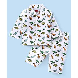Babyhug Cotton Single Jersey Knit Full Sleeves Night Suit Dino Print - White