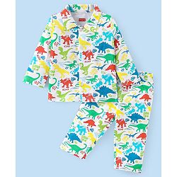 Babyhug Cotton Knit Full Sleeves Night Suit With Dino Print - White