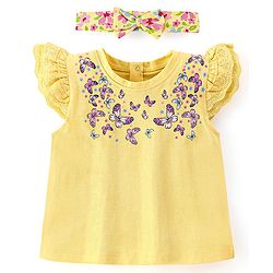 Babyhug Cotton Knit Half Sleeves T-Shirt with Frill Detailing & Headband Floral Print - Yellow