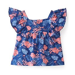 Babyhug 100% Cotton Knit Half Sleeves Top with Frill Detailing & Floral Print - Blue & Pink