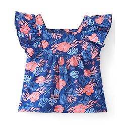 Babyhug 100% Cotton Knit Half Sleeves Top with Frill Detailing & Floral Print - Blue & Pink