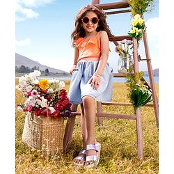 Babyhug 100% Cotton Sleeveless Asymmetrical Top with Schifilli Detailing - Orange