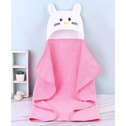 Babyhug Terry Woven Hooded Towel Kitten Print L 76 x B 76 cm - Pink & White