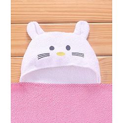 Babyhug Terry Woven Hooded Towel Kitten Print L 76 x B 76 cm - Pink & White