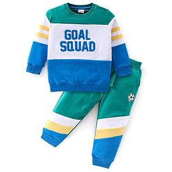 Babyhug 100% Cotton Full Sleeves T-Shirt & Lounge Pants With Text Embroidery - Green & Blue