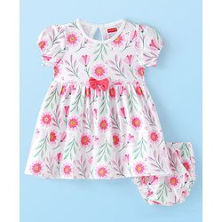 Babyhug 100% Cotton Knit Half Sleeves Frock with Bloomer & Bow Floral Print - White