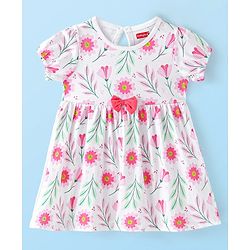 Babyhug 100% Cotton Knit Half Sleeves Frock with Bloomer & Bow Floral Print - White