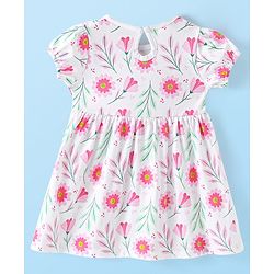 Babyhug 100% Cotton Knit Half Sleeves Frock with Bloomer & Bow Floral Print - White