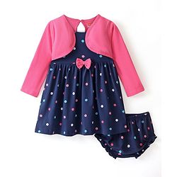 Babyhug 100% Cotton Full Sleeves Frock With Bloomer Polka Dots Print - Pink & Navy Blue