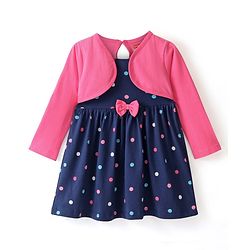 Babyhug 100% Cotton Full Sleeves Frock With Bloomer Polka Dots Print - Pink & Navy Blue