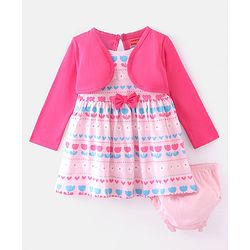 Babyhug 100% Cotton Knit Full Sleeves Floral Print & Bow Applique Frocks with Bloomer - Pink