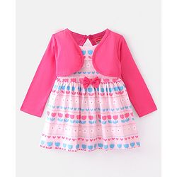 Babyhug 100% Cotton Knit Full Sleeves Floral Print & Bow Applique Frocks with Bloomer - Pink