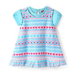 Babyhug 100% Cotton Knit Floral Print Frock with Half Sleeves Solid Color Inner T-Shirt - Blue
