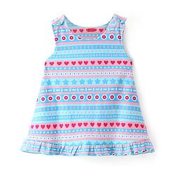 Babyhug 100% Cotton Knit Floral Print Frock with Half Sleeves Solid Color Inner T-Shirt - Blue