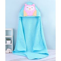 Babyhug Terry Woven Hooded Towel & Wrappers Owl Patch  L 76 x B 76 cm - Aqua Blue