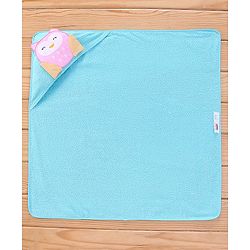 Babyhug Terry Woven Hooded Towel & Wrappers Owl Patch  L 76 x B 76 cm - Aqua Blue