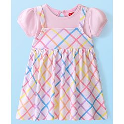 Babyhug 100% Cotton Half Sleeves Frock With Checkered Print - Pink