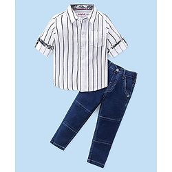 Babyhug 100% Cotton Knit Full Sleeves Shirt & Jeans Striped - White & Blue