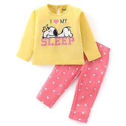 Babyhug Cotton Knit Full Sleeves Night Suit With Snoopy Print - Yellow & Pink