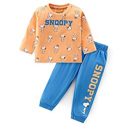 Babyhug Cotton Knit Full Sleeves Night Suit With Snoopy Print - Orange & Blue