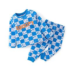 Babyhug Cotton Knit Full Sleeves Night Suit With Snoopy Print Checkered - Blue & Grey