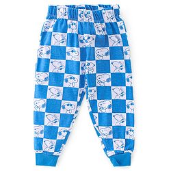 Babyhug Cotton Knit Full Sleeves Night Suit With Snoopy Print Checkered - Blue & Grey