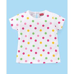 Babyhug 100% Cotton Knit Half Sleeves Top With Polka Dot Graphics - White