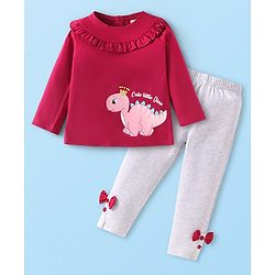 Babyhug Single Jersey Knit Full Sleeves Top & Lounge Pant Set with Frill Detailing & Dino Print - Maroon & White