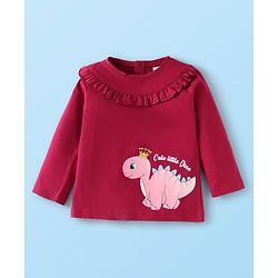 Babyhug Single Jersey Knit Full Sleeves Top & Lounge Pant Set with Frill Detailing & Dino Print - Maroon & White