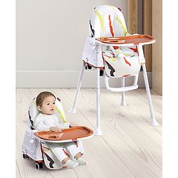 Babyhug Comfy High Chair with Printed Cushion - Brown| High Chair, Feeding Chair & Booster Chair| Adjustable Double Food Tray| Removable PU Leather Seat| Safety Harness| Removable Footrest