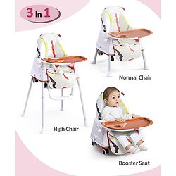 Babyhug Comfy High Chair with Printed Cushion - Brown| High Chair, Feeding Chair & Booster Chair| Adjustable Double Food Tray| Removable PU Leather Seat| Safety Harness| Removable Footrest