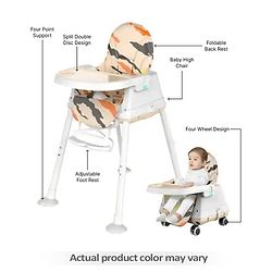 Babyhug Comfy High Chair with Printed Cushion - Brown| High Chair, Feeding Chair & Booster Chair| Adjustable Double Food Tray| Removable PU Leather Seat| Safety Harness| Removable Footrest