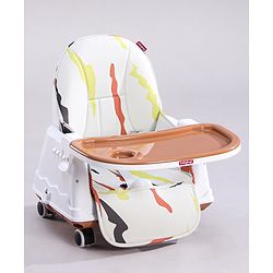Babyhug Comfy High Chair with Printed Cushion - Brown| High Chair, Feeding Chair & Booster Chair| Adjustable Double Food Tray| Removable PU Leather Seat| Safety Harness| Removable Footrest