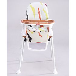 Babyhug Comfy High Chair with Printed Cushion - Brown| High Chair, Feeding Chair & Booster Chair| Adjustable Double Food Tray| Removable PU Leather Seat| Safety Harness| Removable Footrest