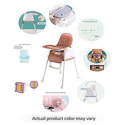 Babyhug Comfy High Chair with Printed Cushion - Brown| High Chair, Feeding Chair & Booster Chair| Adjustable Double Food Tray| Removable PU Leather Seat| Safety Harness| Removable Footrest