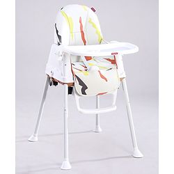 Babyhug Comfy High Chair with Printed Cushion - Brown| High Chair, Feeding Chair & Booster Chair| Adjustable Double Food Tray| Removable PU Leather Seat| Safety Harness| Removable Footrest